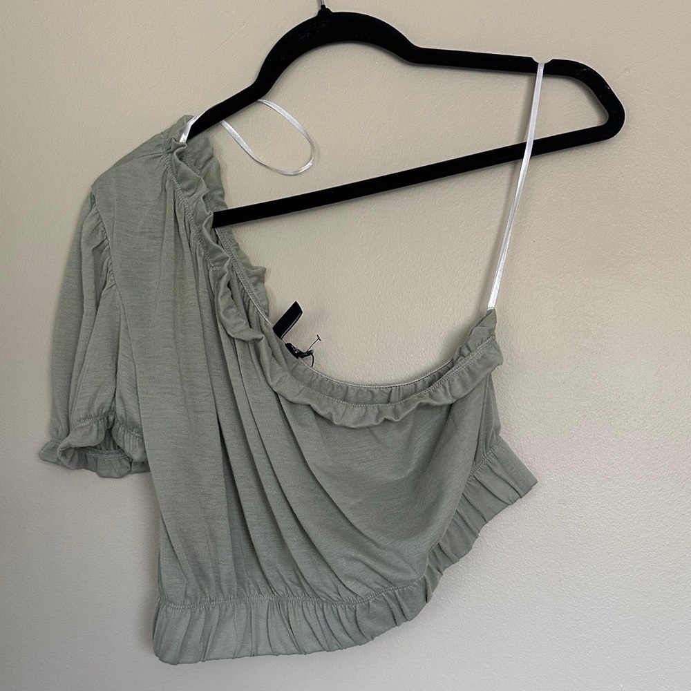 Vero Moda Sage Green Ruffled One-Shoulder Blouse